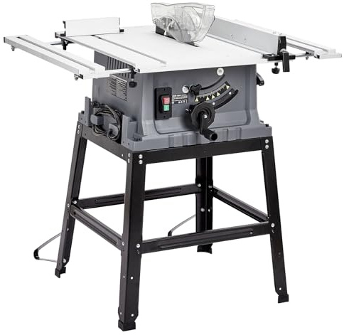 Table Saw, 10 Inch 15A Multifunctional Saw With Stand & Push Stick, 90° Cross Cut & 0-45° Bevel Cut, 5000RPM, Adjustable Blade Height for Woodworking, Grey