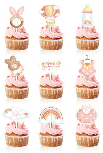 18 Pezzi Decorazione per Torta per Baby Shower, Baby Girl Glitter Ciuccio Onesie Jumpsuit Fiocco Gender Reveal, Baby Shower Girl Cupcake Toppers, Baby Girl Decorazioni per feste di compleanno