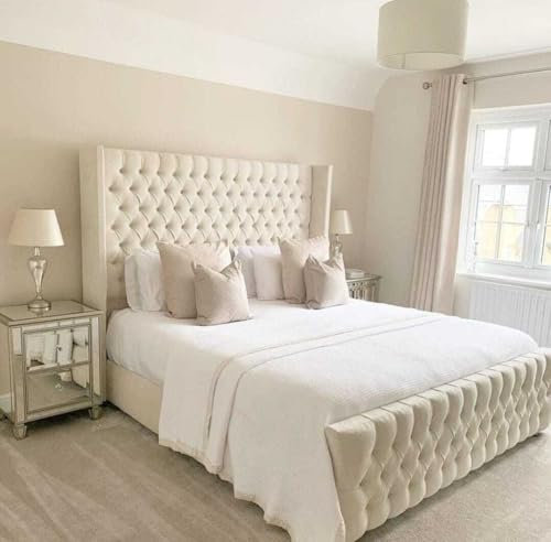 Wingback Bed Frame Siuper King Size, Cream Plush Color, Made in the UK