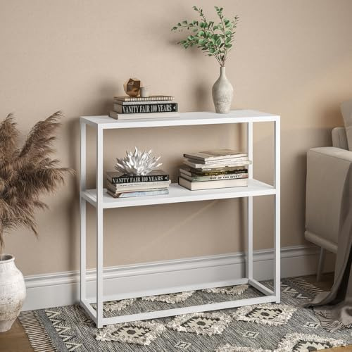 skølm Skadi Konsolentisch schmal aus Metall – Schmales Regal Flur/Wohnzimmer Weiß – Flurtisch Schmale Kommode mit 2 Ablagen - Flurschrank mit Stauraum - Metallregal höhenverstellbar 80x28x80 cm
