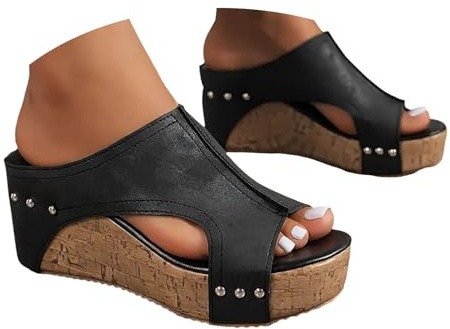 VBEDKDEB Kilklack pantoletter damer platå kilsandaler elegant läder bekväma tofflor öppna halkfria tofflor lediga nitar tofflor 2025 sommar strand semester sandaler, svart, 40 EU