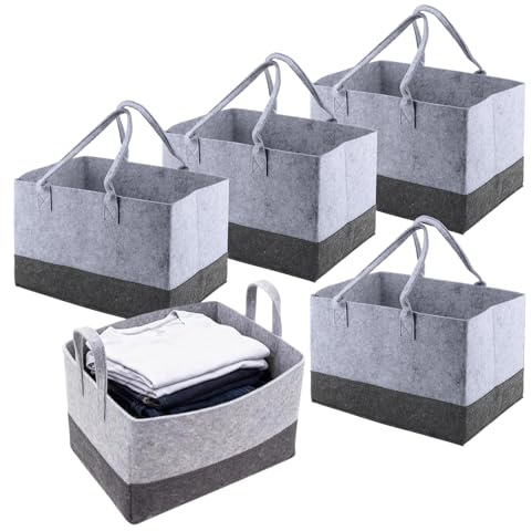 HEIYUET 5 Bolsas de Fieltro para la Compra 23L, Grande 38x25.5x25.5cm, Plegable con Asa, para Almacenamiento de Leña, Picnic, Playa, Compras, Color Gris
