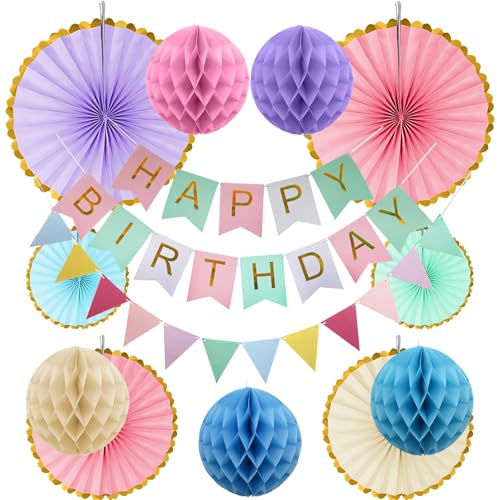 Set de Decoración Cumpleaños Reutilizable con Banner de Happy Birthday, Banderas Triangulares, Bolas de Panal & Abanicos de Papel, Adornos para Fiestas Familiares Felices para Niñas y Mujeres Amigos