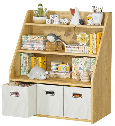 EFURDEN Organizador de Libros y Juguetes Montessori, Estantería Infantil con 3 Cajones de Madera - Sistema de Almacenamiento para Dormitorio, Decoración Habitación Niño/Niña