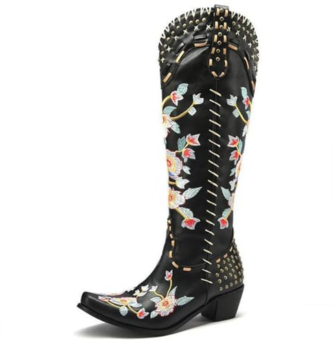 Générique Femme Talon Bloc Bottes Hautes Au Genou avec Clous Bout Carré Cuir PU Bottes Longues À Enfiler Botte Cowboy Occidental avec Broderie Cousue,Noir,40 EU