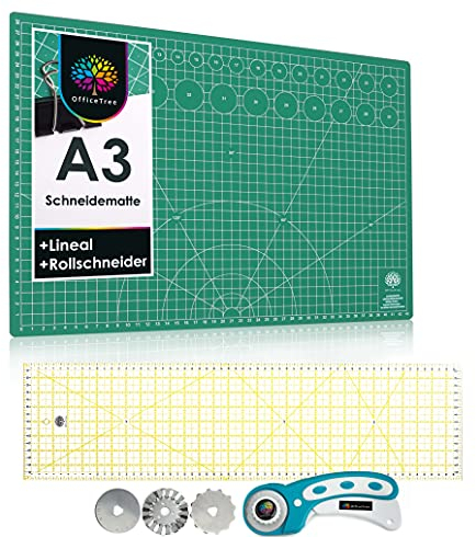 OfficeTree Schneidematte A3 Set + Rollschneider + Patchworklineal 60 cm - Schneidematte Set für professionelle Schnittarbeiten - Nähzubehör für Kreative (Grün)