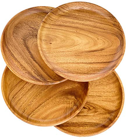 WRIGHTMART Set of 4 – 10 Inch Round Acacia Wood Dinner Plates – Solid Hardwood Wooden Plates for Steak, Pasta, Salad, BBQ, Charcuterie – Natural Wood Grain Dinnerware