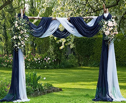 WARM HOME DESIGNS Wedding Arch Draping Fabric Bundle Includes 2 288 Inch (24 Feet or 8 Yards) Sheer Scarves in White and Navy Colors For Wedding Ceremony, Reception, Photo Backdrop or Party Decoration