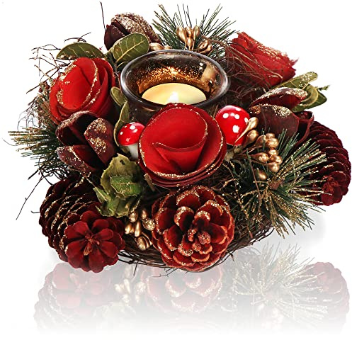 Com-four® Portavelas Decorativo para Navidad y Otoño - Con Materiales Naturales - Artesanía (Arreglo de Adviento Flor Roja - 1 Vela)