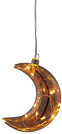 Hellum Deko Hänger LED glasmåne, timer, 10 bärnstensfärger LED, 14 x 10 cm, glas rökgrå, inomhus, batteridriven (2 x AAA), jul, året runt-dekoration, 524710