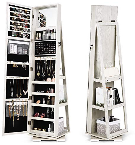 CASART Jewellery Cabinet, 3 in 1 Standing Jewelry Armoire with Full-Length Mirror and Storage Shelf, Lockable Jewellery Organiser for Earring Ring Necklace Cosmetics (360° Swivel White)