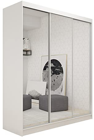 MEBLINI Kleiderschrank mit Spiegel, 3 Türen - Schwebetürenschrank mit Kleiderstange - Schlafzimmerschrank mit Einlegeböden - Wardrobe Closet - Debora - 180 cm - Weiß + Spiegel