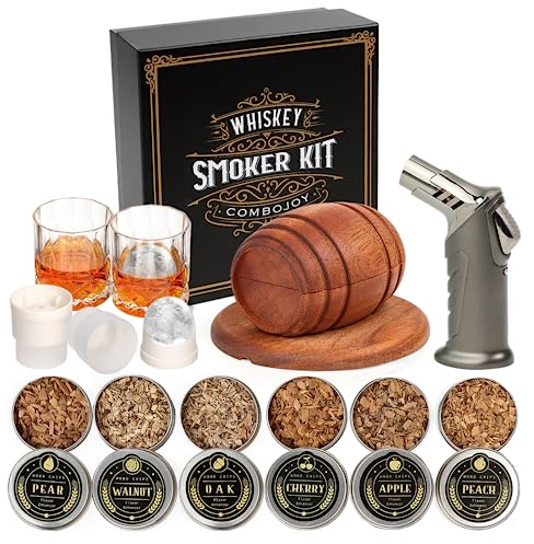 Kit de Fumoir pour Whisky avec Chalumeau - 6 arômes de copeaux de bois, 2 Verres, 2 Moules à Glaçons Sphériques - Kit Fumoir Cocktail, Cadeau homme, anniversaire, fête des pères, Noël (Sans Butane)