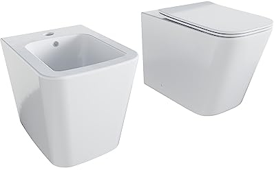 Sanitari in ceramica filomuro bianco lucido vaso rimless bidet sedile soft-close chiusura rallentata mod. Londra