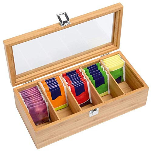TOPINCN Caja de Almacenamiento de Bolsas de té de Madera con Ventana Acrílica, Organizador de Bolsas de té con 5 Compartimentos, Cubierta de Cerradura Magnética, Regalo Ideal (como se
