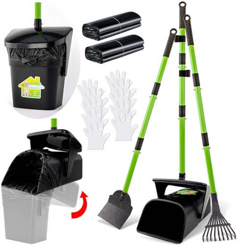 LANNEY Pooper Scooper - 38 Long Adjustable Metal Handle Dog Pooper Scooper Swivel Bin & Rake & Spade with 50 Bags Attachment, Portable Heavy Duty Dog Poop Scooper for Yard Dogs Large Medium Small