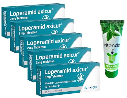 Loperamid Axicur 2mg 5x10 Tabletten incl. einer Handcreme von vitenda - schnelle Hilfe bei akutem Durchfall mit dem bewährten Wirkstoff Loperamidhydrochlorid, ideal für die Reiseapotheke