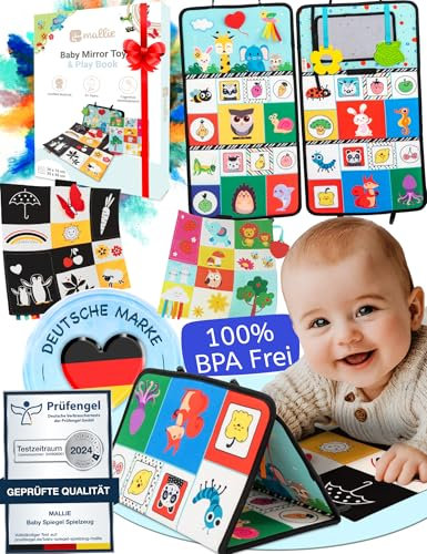 Mallie® Sensorik Baby Spiegel Spielzeug mit Bauchlage Knisterbuch I Babyspielzeuge ab 0, 3, 6 Monate I Baby Mirror Toy mit Schwarz Weiß Kontrast Muster I Tummy Time Toys, Knisterspielzeug