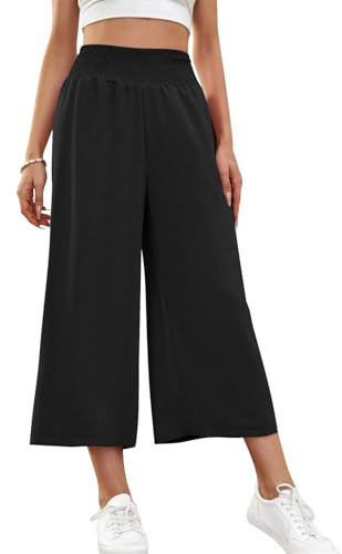 HMIYA Damen 3/4 Culotte Hose Leichte Weites Bein Sommerhose,Schwarze,S