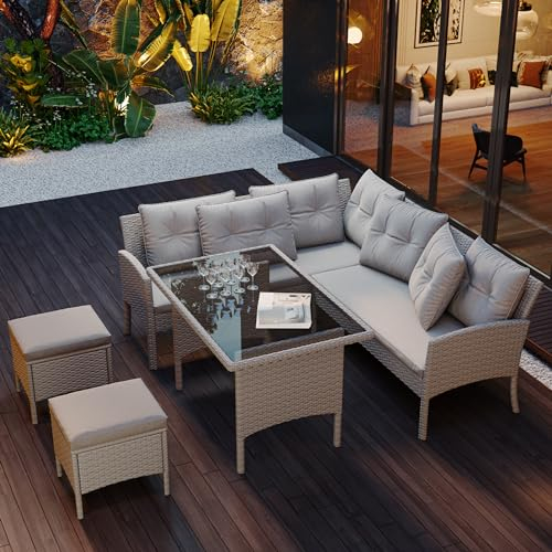 Polyrattan Lounge Set, Gartenmöbel Set Essgruppe für 7 Personen, Outdoor Sitzgruppe mit Ecksofa, Esstisch und 2 Hocker, Rattan Garten Sofa mit Kissen für Garten, Terrasse, Balkon (Khaki)