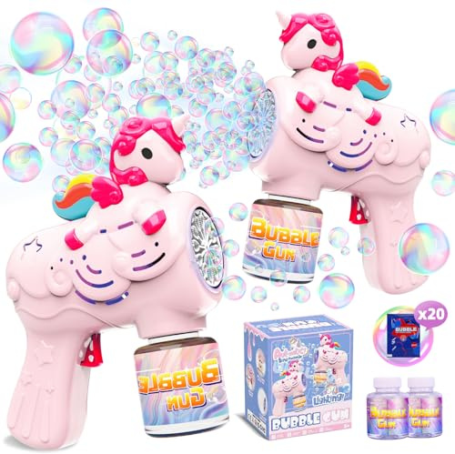 2 Pack Bubble Gun,Bubble Machine for Kids with 2 Bottles Refill Solution, Unicorn Bubble Maker for Toddlers 3-8 Bubble Blower Toy for Girls Kids Summer Outdoor Party Garden Toys Birthday Gift