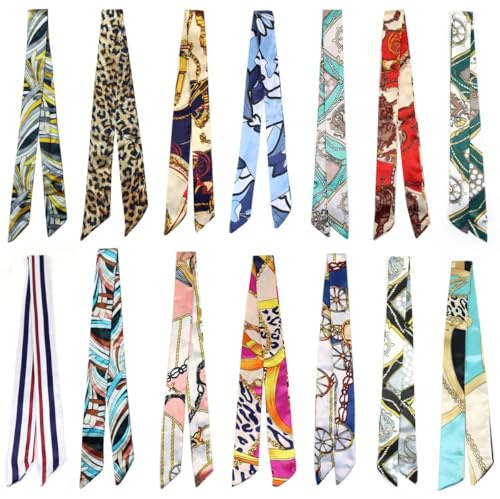14 Piezas Bufandas para Bolso, Bufanda de Seda Moda Colorida Toalla de Pelo de Satén, Monedero Estrecho Mochila Bolsa para Mujer, Estrechas, para el Pelo y el Cuello, Accesorios para el Cabello