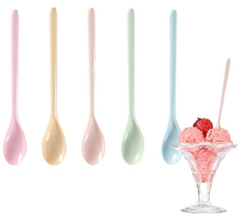DIYCUT 5 Pezzi Set di Cucchiaini Lunghi, Cucchiaino Lungo in Melamina, Cucchiai da Dessert Colorati, Design in Imitazione Ceramica, per Caffè, Uova, Zuppa, Yogurt, Marmellata, Gelato