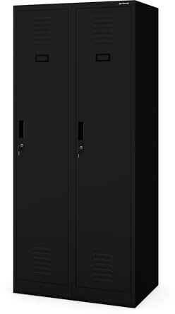 Jan Nowak Spind Schrank, Kleiderschrank, Metallschrank, Schließfachschrank | 2 Abteile mit Kleiderstange, Lüftungsschlitze, Trennwände, 4 Kleiderhaken pro Abteil | 180 cm x 80 cm x 50 cm (Schwarz)