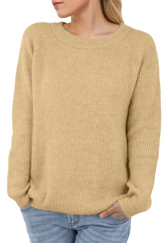 PrinStory Damtröjor med rund hals vardaglig stickad pullover långärmad toppar för damer mjuka tröjor, Ljus aprikos, M