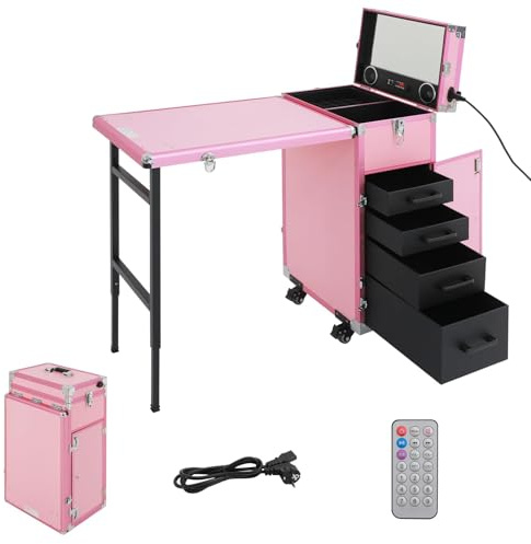 Tavolo da toeletta pieghevole per manicure mobile con telecomando e treno per trucco, valigetta con 4 cassetti per tecnici domestici, spa, salone di bellezza, posto di lavoro (rosa)