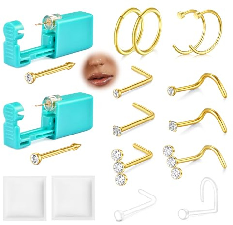 AVYRING 2 piercing da naso con piercing da 20 G e anello da naso, set professionale in argento e oro, set completo con tutto per una foratura delicata e sicura, Acciaio inossidabile