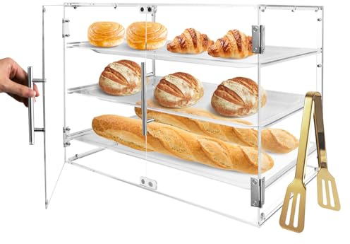 Cutora Bakery Display Case for Commercial Countertop, Acrylic 3-Tier Large Pastry Storage Box with Magnetic Door and Removable Tray for Dessert Donut Bread Cake Cupcake Cookie 21 x 16.2 x 14.2
