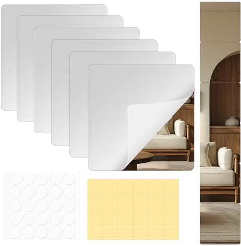 winbest 6 Pcs Mirror Tiles Self Adhesive Mirror Stickers 20x20cm (2mm Thick) Plastic Acrylic Stick on Mirror Sheet for Wall Wardrobe Doors Bedroom Bathroom