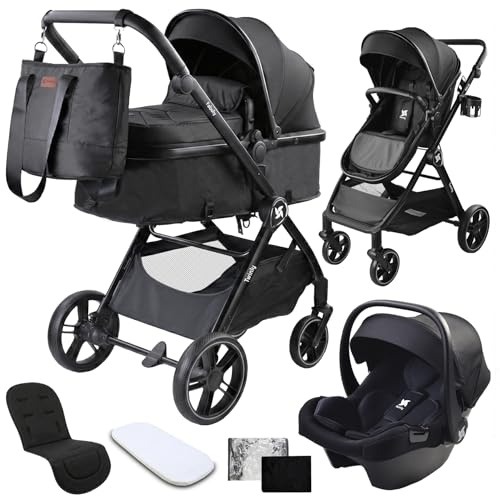 Twinly - Passeggino Trio 3 in 1 – Sistema Modulare con Carrozzina per Neonati, Ovetto Auto & Passeggino Leggero 25 kg portata – FABULY – Pieghevole con Borsa, Zanzariera e Parapioggia – [nero]