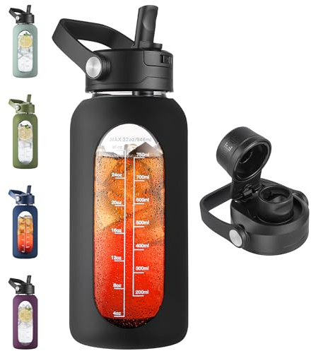 CIVAGO 32 oz Glass Water Bottle with Detachable Straw, Large Water Jug with Bucket Handle, Sports Motivational Water Bottle with Time Marker and Silicone Sleeve, Water Flask for Gym, Outdoor, Black