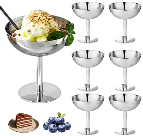 BORDEAG 6 stycken 150 ml glassbägare rostfritt stål, dessertskål med fot, rostfritt stål dessertskål, isgrädde sundae för is, dessert, bröllop, fest, isgräddeskål, café och restaurang, diameter 8 cm