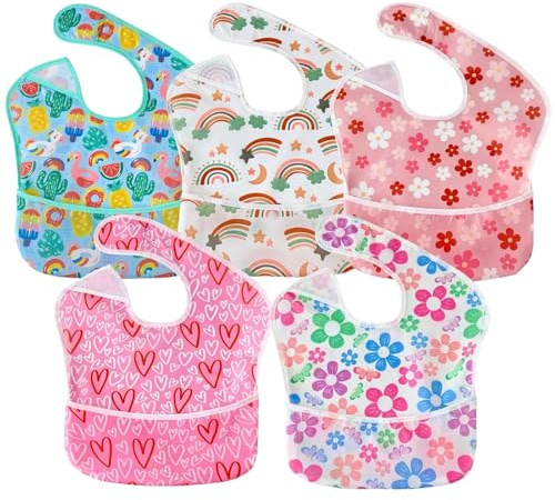 PandaEar 5-pack Baby haklappar vattentäta, justerbara haklappar för spädbarn och småbarn 6–24 månader, lätt mjuk haklapp med uppsamlingsficka för pojkar och flickor