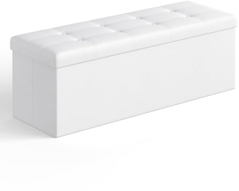 SONGMICS Storage Ottoman, Foldable Small Ottoman Foot Rest, 38 x 110 x 38 cm, Cube Ottoman with Storage, Load up to 300 kg, for Living Room, Bedroom, Entryway, Cloud White LSF89WT