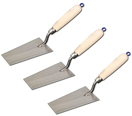 DEWEPRO® Lot de 3 truelles de nettoyage Forme bernoise 145 x 80 x 55 mm – Petite truelle de maçon avec lame en acier et manche en bois – Truelle de stucage pour travaux manuels précis