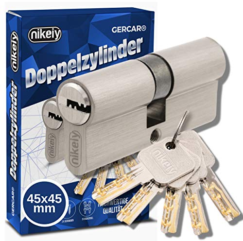 GERCAR Cylindre de serrure Pro 90 mm 45/45 - Double cylindre massif - En laiton nickelé - Avec 5 clés - Clé réversible - A:45 B:45 - 1 pièce