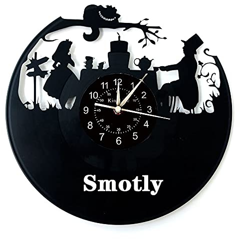 Smotly Schallplatten-Wanduhr, Cartoon-Uhr Alice im Wunderland Thema Geschenkideen, handgefertigte Familienwanduhr.(Geschenkhaken)