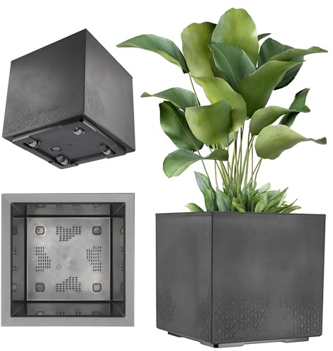 KADAX Pflanzkübel aus Kunststoff, 39x39cm, 7 Farben, quadratischer Blumentopf, Blumenkübel mit Rollen, Übertopf, Pflanzkasten mit Abflusskorken (Schwarz, Betonoptik)