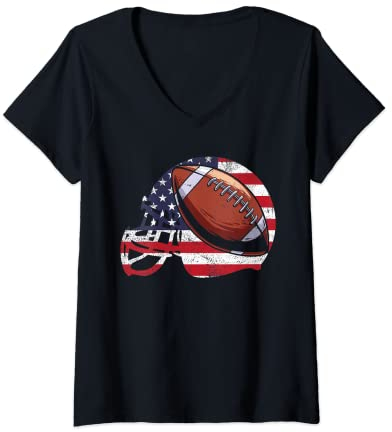 Damen American Football Helm Ball US Flagge T-Shirt mit V-Ausschnitt