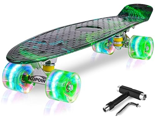 Kqpoinw Skateboards, 22 Complete Skateboard for Kids Ages 6-12, Mini Cruiser Skateboard for Kids Boys Girls Teens Beginners with Colorful LED Light up Flashing Wheels Skate Tool