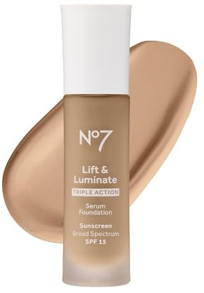 NO.7 No7 Lift & Luminate Triple Action Serum Foundation - Cashew - Liquid Foundation Makeup with SPF 15 for Dewy, Glowy Base - Radiant Serum Foundation for Mature Skin (30ml)