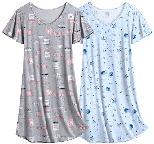 Ekouaer Camicia da Notte da Donna Floreale in Due Pezzi Indumenti da Notte a Maniche Corte Abito da Notte Estivo da 2 caffè e Stelle XXL