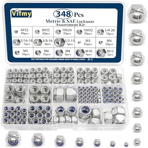 Vifmy SAE & Metric Nylon Insert Lock Nuts Kit(348Pcs),6#32 8#32 10#24 10#32 1/4-20 5/16-18 3/8-16 1/2-13 M3 M4 M5 M6 M8 M10 M12 304 Stainless Steel Locknuts Sets