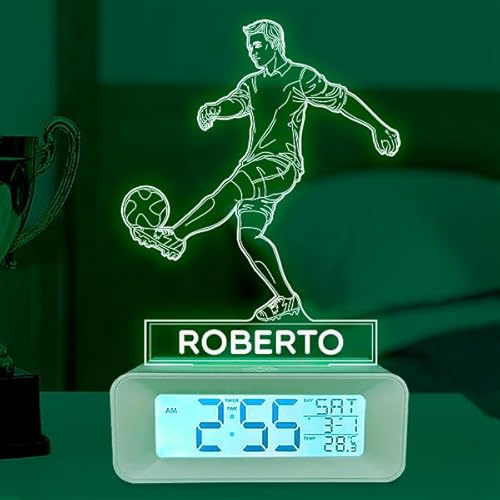 Transparent Gift Reloj Despertador Infantil Personalizado con Luz. Diseño Jugador Fútbol con Nombre Niño/Niña. Lámpara Nocturna Mesita Noche. Regalos Originales Personalizados Cumpleaños Niños
