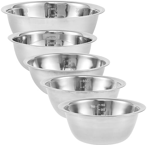 5 Piece Stainless Steel Mixing Bowl Sets with Measurement Markers Multipurpose Soup Basin 5 Sizes Space Saving Nesting Bowls Mixing Bowls for Baking Cooking Food Storage (0.5L,0.8L,1.55L,2.1L,2.6L)