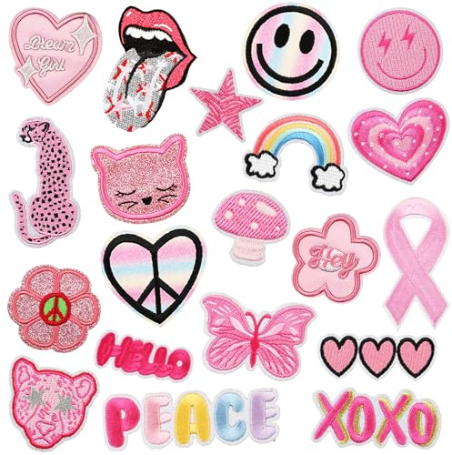 Woohome 20 st lappbroderade strykjärn på applikation blandade rosa sy på lappar broderade applikationer klistermärkeslappar för kläder, jackor, ryggsäckar, jeans, blommor applikation